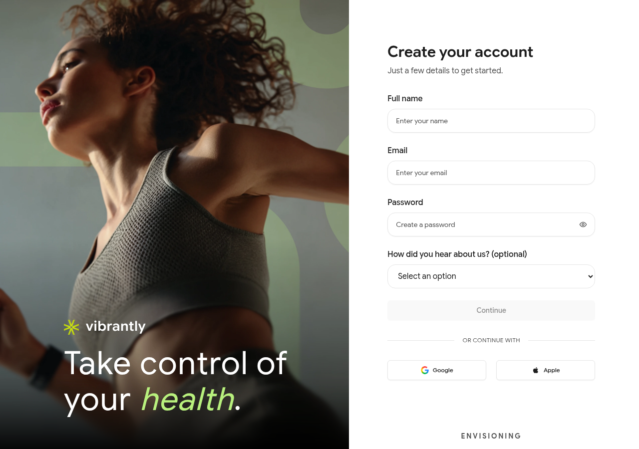 Vibrantly signup screen