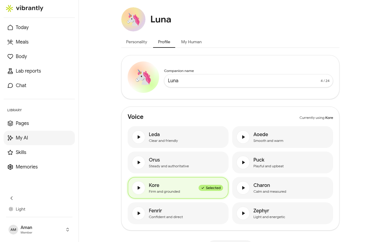Luna profile and voice selection