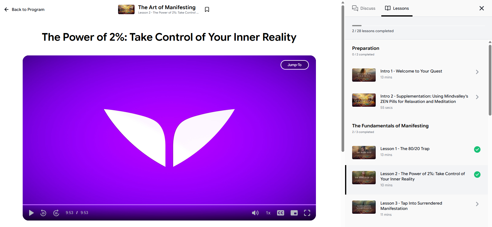Mindvalley Quest lesson list showing completed and uncompleted lessons